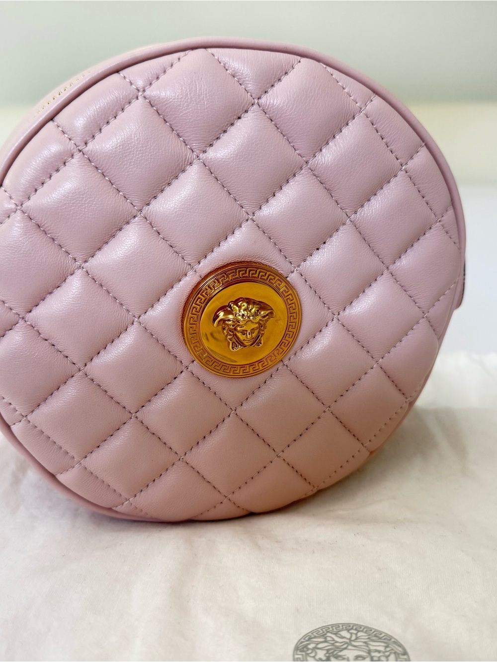 Versace Blush Quilted Round Leather Crossbody with Gold Medusa Medallion